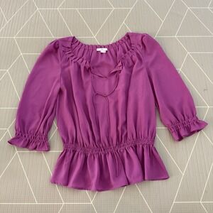 Joie Cinched Waist‎ Blouse Size Small Pleated Neck 3/4 Sleeve Flowy Purple